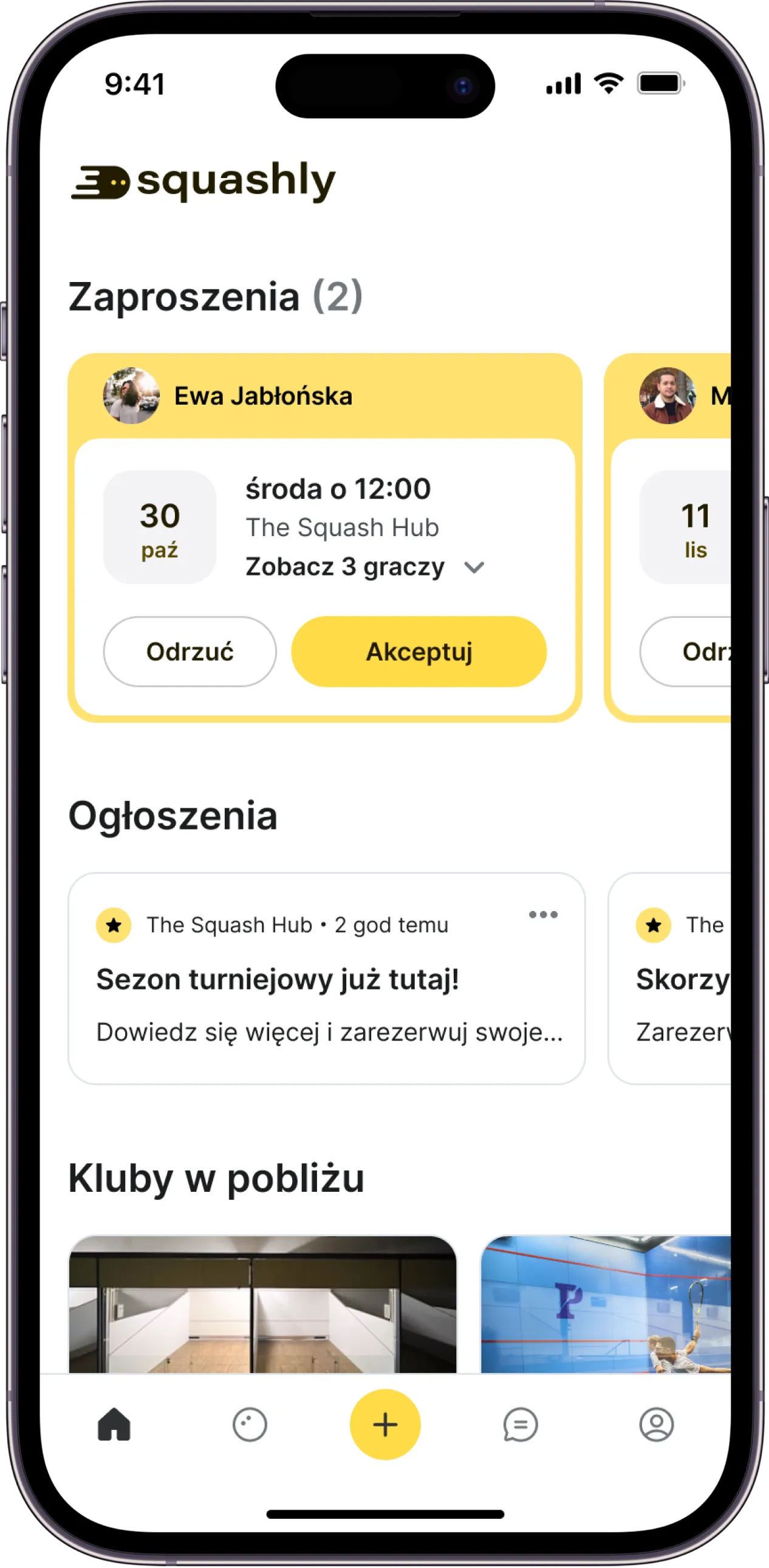 Planuj swoje mecze ze znajomymi lub umawiaj się z innymi graczami dzięki aplikacji Squashly!